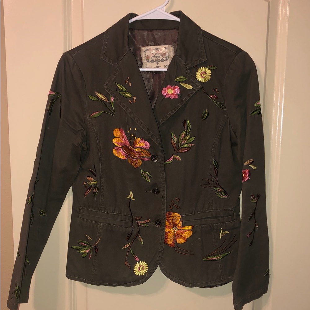 Sugarlips Olive Green Embroidered Floral Blazer